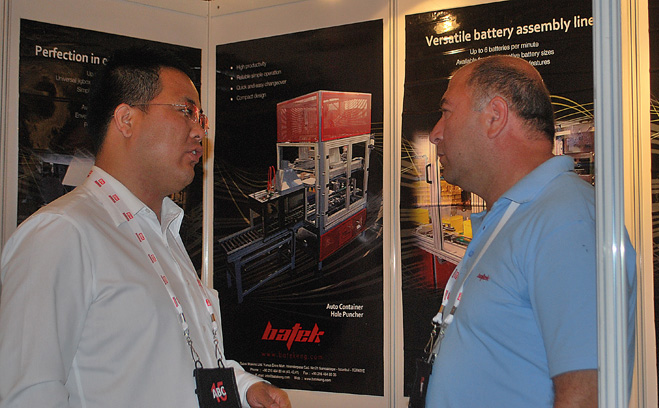 Celal Saricam MD of Batek Engineering (right) with one of the many visitors to his stand during the show
