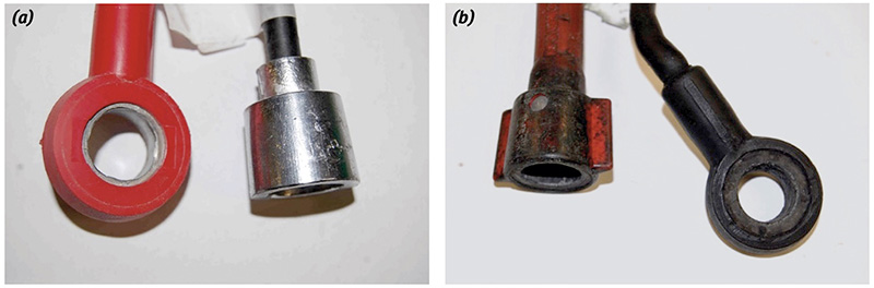 Fig 1: Camera pictures of the reference (a) and used (b) connectors, both ring and cone terminals.
