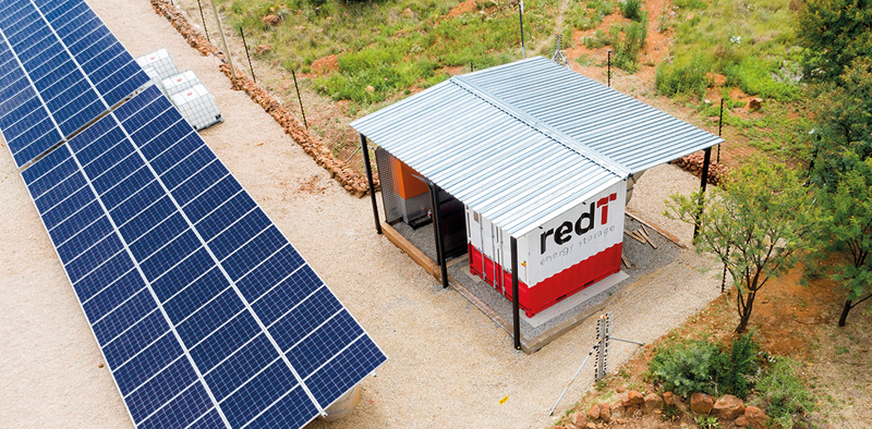 A redT vanadium redox flow machine is at the centre of a solar mini-grid for South African resort Thaba Eco Hotel. The hotel uses the 15kW-75kWh flow machine to store its excess daytime solar energy until needed at night to avoid power cuts due to a weak grid connection and to secure energy supplies by replacing diesel generators.