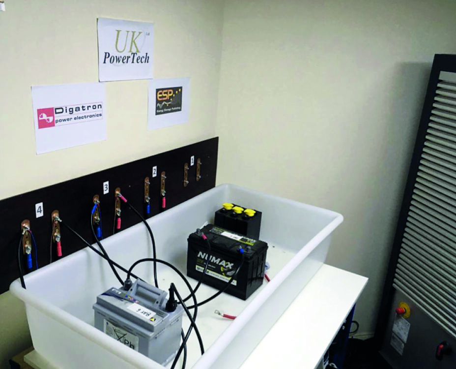 Fig 1 Lab at UK Powertech with water cooling bath but no specialised acid filling machine