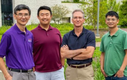The Princeton NuEnergy team (from left): Yiguang Ju, Chao Yan, Bruce Koel and Xiaofang Yan. Photo by David Kelly Crow