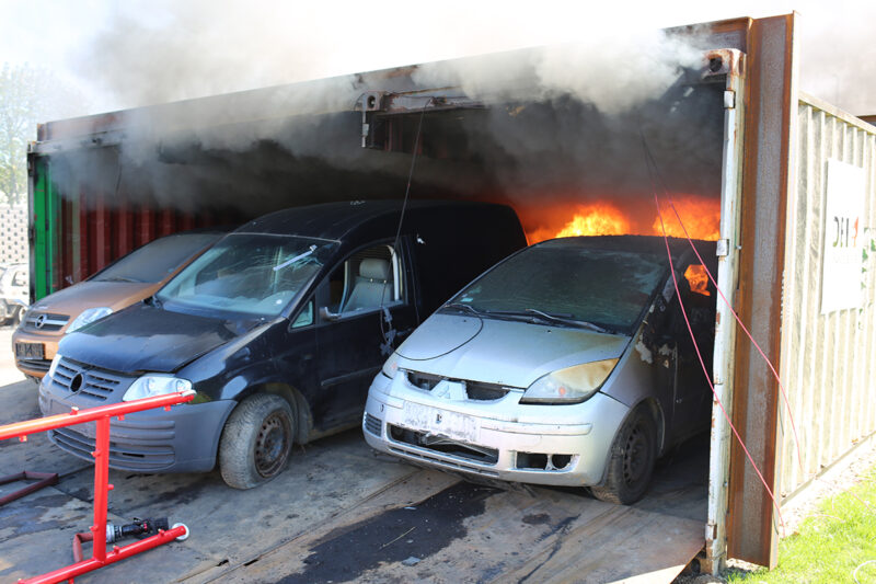 A fire set up in a shipping container to simulate an on-ship situation with limited access in a confined space. Pic: DBI.