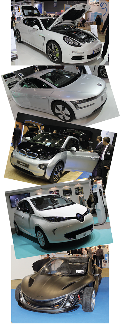Top to bottom: The Porsche Panamera S E-Hybrid plug-in hybrid EV with a 9.4 kWh lithium-ion battery combined with a 3-litre supercharged engine. It emits just 71g/km of CO2— unheard of for a car of its class The Volkswagen XL1 plug-in hybrid that comes with a 5.5 kWh capacity lithium-ion battery combined with a 2-cylinder combustion engine. VW quotes up to 31 miles of all-electric driving range The BMW i3 is the first all-electric offering from BMW has a range of between 80 - 100 miles and emits just 13g/km of CO2 The Renault Zoe has a 22kWh lithium-ion battery that delivers a range of 130 miles. It is the top selling EV in France with sales over 5 000 units from December 2012 to November 2013 The EDI Auto T300 is a Chinese-made three-wheeler that can hit 125mph with a price tag of $50K. But it does look like the Batmobile and attracted a lot of attention to the stand