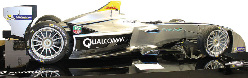 Qualcomm was exhibiting the Spark-Renault SRT_01E single-seater, all-electric race car, which will be used in the inaugural Formula E race series