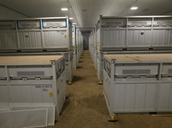 flow batteries stacked in a storage unit