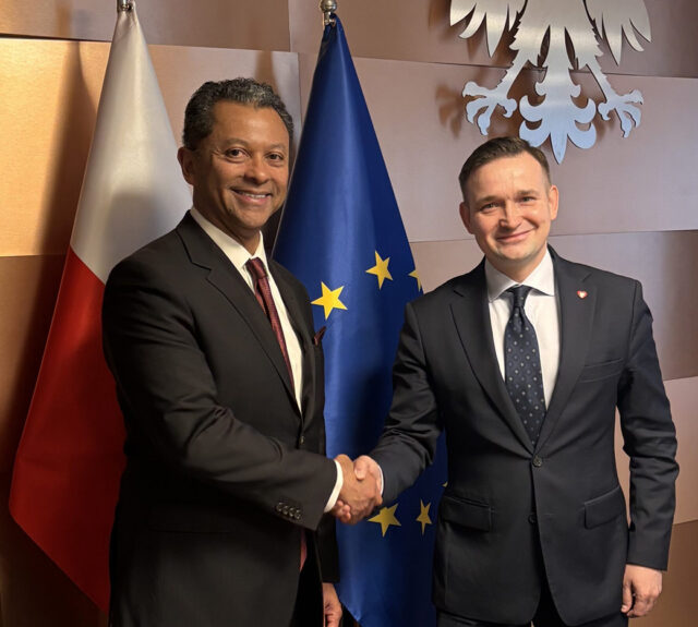 Linh Austin, President and CEO at Ascend Elements, meets with Michal Jaros, Secretary of State in Poland’s Ministry of Economic Development and Technology, in Warsaw, Poland.