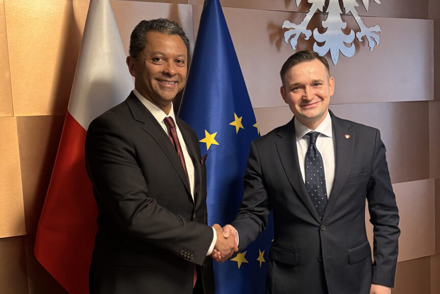 Linh Austin, President and CEO at Ascend Elements, meets with Michal Jaros, Secretary of State in Poland’s Ministry of Economic Development and Technology, in Warsaw, Poland.